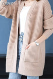 New Solid Knit Cardigan Long Sleeve Sweater Women Open Stitch Casual Pocket 2023 Loose Medium-long Cardigans Mujer