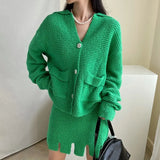 Autumn Knitted Two Piece Set Women Skirt 2021 Korean Fashion Long Sleeve Knit Sweater High Waist Split Mini Skirt Suits 2