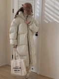 Long Big Quilt Down Jacket Female 2024 Winter Fashion Solid Color Loose And Thick White Duck Velvet Lovers Over The Knee Coat-Outfit