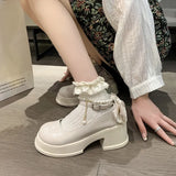 Mary Jane Women 2025 New Round Head Thick-Shoe White Pearl Bow With Skirt Thick-Soled Single