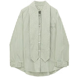 Women Green Striped Big Size Casual Blouse New Lapel Long Sleeve Loose Fit Shirt Fashion Tide Spring Autumn 2023 1DE6461 425-0-Outfit