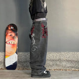 Trend Of Spring And Autumn Street Dark Gotham Haircut Printed Jeans Loose Personality Wide-Legged Trousers-Outfit