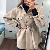 PUWD Vintage Woman Loose Sashes Woolen Coats 2021 Chic Female Autumn Soft TurnDown Collar Outwear Ladies Elegant Pockets