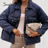 Simplee Office pocket geometric printed women parka winter Loose lapel fashion coat white black Casual button lady quilted