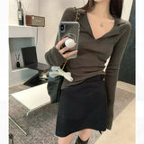 Waxy Polo Neckline Sweater Slim And Slim Vintage Sweater Women Wear A Bottomed Blouse With Long Sleeves In Early Autumn-Outfit