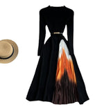 Toloer Knit Splicing Dress Simple Temperament Round Collar Long Sleeve Gradient Slim Thin Long Skirt