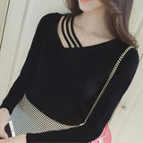 Toloer 2024 New V-Neck Slim Black Long-Sleeved T-Shirt Female Collarbone Niche Large Size White Hollow-Out Top-Outfit