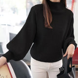 Half-High Collar Bottom Thin Sweater Loose Bat Sweater Hoodie Lantern Sleeve Sweater Women's Dress-Outfit