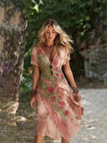 Women's Loose White Dress Creative Pattern Deep V Short-Sleeved