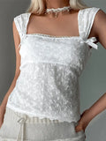 Embroidered Bow Lace Stitching Tank Top-Outfit
