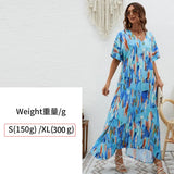 Summer New Elegant Dress V-Neck Print High-Waisted Loose Swing Short-Sleeved Dress