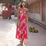 Summer Dress Hanging Neck Sleeveless Print A-Shaped Bohemian Long Dress