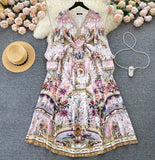 Court Style Retro Print Temperament V Collar Bubble Sleeve Long Dress High-End Niche Dress