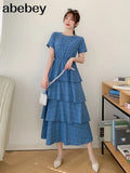 New Summer Temperament All-match O-neck short sleeve Dress waist slim multi-layer Ruffles cake