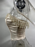 White Satin Pearl Tassel Corset Top-Outfit