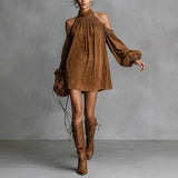 Women's Autumn And Winter Velvet Fashion Single-Dbutton Shirt Dress Skirt With