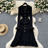 Toloer Fragrant Wind Dress Women's Autumn And Winter Versatile Advanced Sense V-Collar Metal Buckle Slim Show Thin Flounce Knit