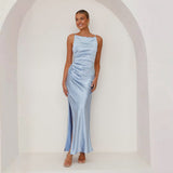 Spring And Summer Women's New Solid Color Sexy Bare Back Open Fork Long Skirt Sleeveless Sleeve-Less Dress Dress Dress