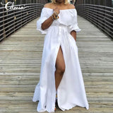 Off Shoulder Maxi Dress Celmia Women Lantern Sleeve Casual Loose Split Sundress Summer Buttons Party