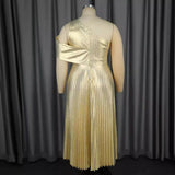 Summer New Elegant One-Shoulder Sleeveless Dress Dress Banquet Of Gold Folds Dress