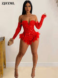 Sequin Feather Rompers Womens Bodysuits Sexy Off The Shoulder Long Sleeve Playsuit Night Out Party Club Bodycon
