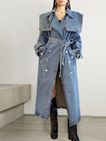 Toloer Autumn / Winter New Fashion Trend With Waist Coat Lapel Long Windbreaker Denim Coat Girl-Outfit