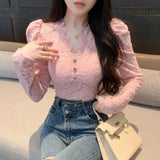Fashion Shirts Women Puff Loong Sleeve V Neck Autumn Winter Slim Lace Patchwork Crop Tops Female Sexy Elegant Blouse-Outfit