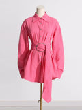 Toloer Casual Pink Shirt 2024 Spring New Design Sense Big Waist Buckle Decoration In The Long Versatile Shirt Woman-Outfit
