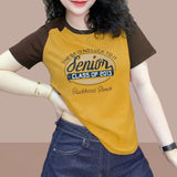 Clothing Cotton T-shirt Women's 2023 Summer New Korean Edition Contrast Printed Round Neck Short Sleeve Fashion Tops-Outfit