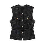 And Beads Coarse Spinning Vest 2025 Spring Temperament Metal Buttonless Sleeveless Round Collar Body Jacket