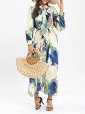 Loose Elegant Dresses For Women Bow Collar Long Sleeve High Waist Folds Print Hit Color Temperament Dress Female