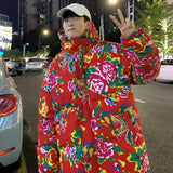 Chinese Wind Northeast Big Flower Hooded Cotton-Padded Jacket Man Thick Warm Cold Cotton-Padded Jacket Coat Rural Festival Cotton-Padded Jacket Coat-Outfit
