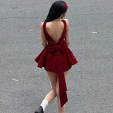 Red Velvet Open Back Bow Mini Dress-Outfit