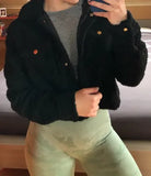 Elegant Solid Color Cropped Teddy Jacket Women Front Pockets Thick Warm Coat Autumn Winter Soft Short Jackets Female