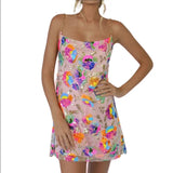 Women's Casual Chain Suspender Dress Fashion Sequined V-neck Backless A-line Short Dress-Outfit