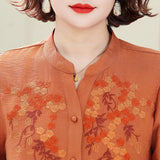 Summer Women's Round Neck Flower Embroidered Button Patchwork Chiffon Cardigan T-shirt Casual Elegant Three Quarter Tops-Outfit