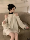 Shirts Women Elegant Off Shoulder Satin Bandage Stand Collar Long Sleeve Hollow Out Loose Blouse Female Casual Sexy Tops-Outfit