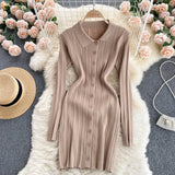 Women Sexy Sweater Dress Turndown-Collar Long Sleeves Elastic Pencil Dress Autumn Button Bodycon Stripe knitted