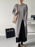 Women's Side Split Knitted Sweater Dress Autumn Winter Grau Beige Brown Black Design Woolen