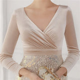 Winter Elegant Velvet With Sequins Deep V Neck Long Sleeve Slit Cocktail Eevening