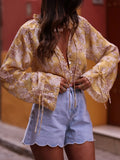 Shirt Women's Summer New Chinese Style Yellow Blouse Holiday Style Printing With Long-Sleeved Shirt