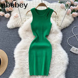 Strap Women Knitted Pencil Dress O Neck Sleeveless Elastic Slim Sheath Dresses Summer Korean Streetwear Short