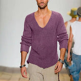 Toloer Men's Long Sleeve V-Neck Loose Sweater Fashion Casual Solid Color Knit Jumper Men's Plus