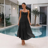 For Women's Clothing New 2026 Splicing Slings Long-Carbed Strap Large Swing Dress With