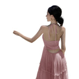 Desire Wind Sexy Dew Back Hanging Neck Halter Belt Skirt Female Summer New French Temperament Super Fairy Seaside Holiday Dress-Outfit