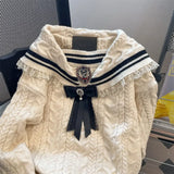 Academy Style JK Navy Neck Bow Sweater Women Top Autumn Winter Vintage Gentle Thickened Knit Pullover Coat Women Clothing-Outfit