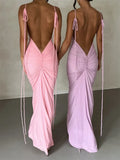 Women Sleeveless Lace-up Strap Sling Dress Summer Backless Ruched Party Long Dress V-neck Slim Fit Sexy Vestidos 2023-Outfit