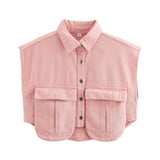Color Women's Clothing 2025 Spring Solid Color Big Pocket Sleeveless Polo Collared Denim Shirt