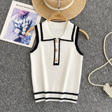 Style Striped Knitted Sleeveless Vest Women's Summer Collar Slimming Design Chic Beautiful Little Man