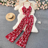 Women Summer Boho Floral Holiday Set V Neck Puff Sleeve Short Tops+High Waist Sexy Split Wide Leg Pants Two Pieces